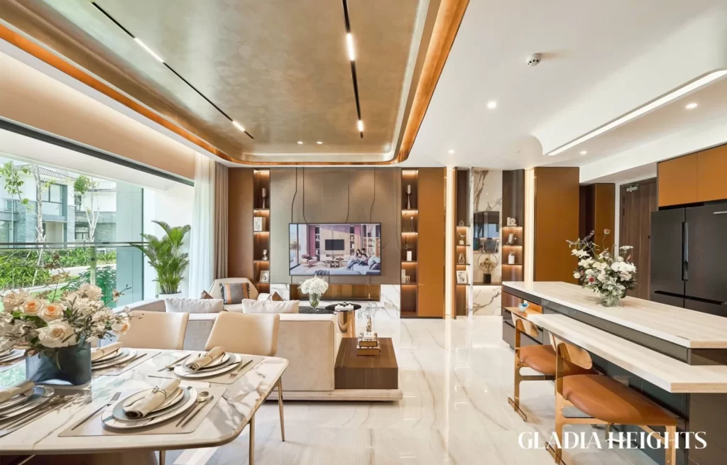 Phòng khách liên thông bếp trong nhà mẫu Gladia Heights
