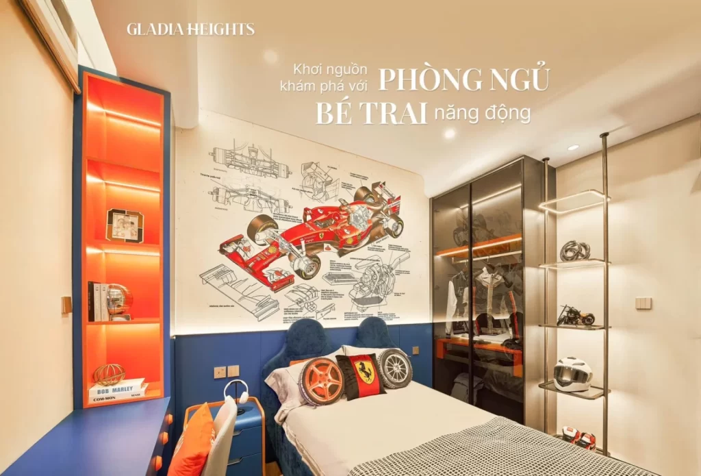 Phòng ngủ bé trai nhà mẫu Gladia Heights với tranh tường xe đua và tủ áo kính
