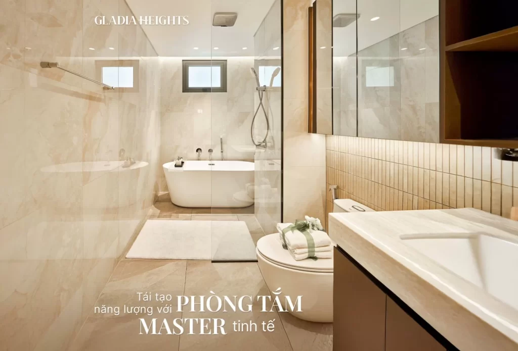 Phòng tắm master nhà mẫu Gladia Heights có cửa sổ thông thoáng