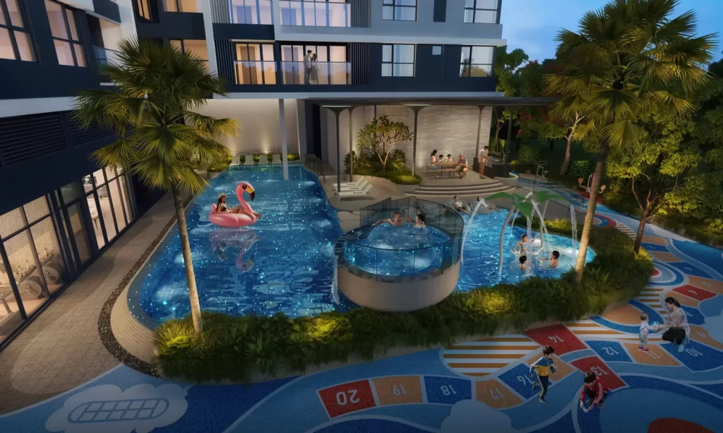Hồ bơi trẻ em và khu vui chơi nước về đêm tại căn hộ Gladia Heights