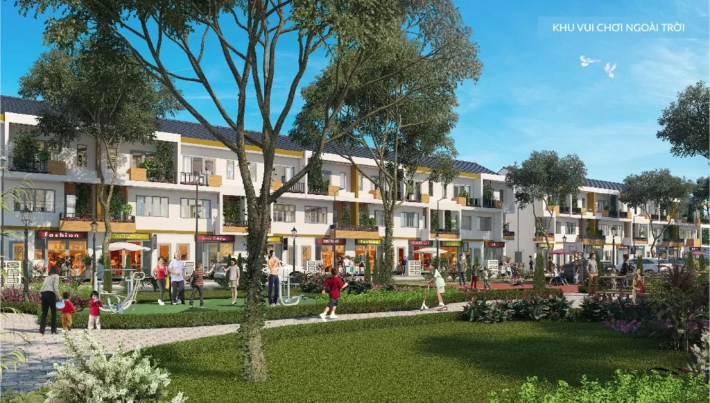 Tuyến phố thương mại shophouse với vỉa hè rộng và cây xanh