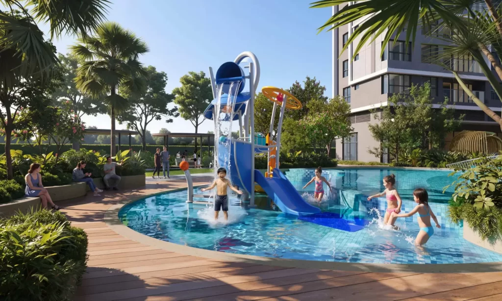 Khu vui chơi nước trẻ em có cầu trượt tại căn hộ Gladia Heights