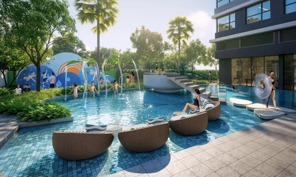 Khu vui chơi nước trẻ em cùng ghế thư giãn nổi cạnh hồ bơi, Gladia Heights