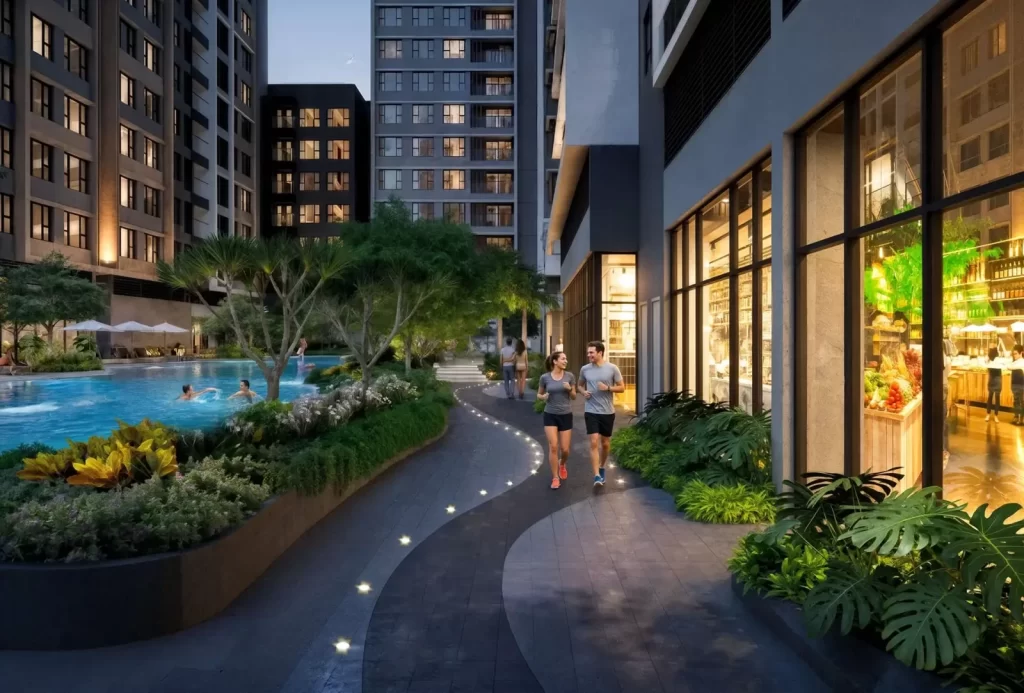 Lối dạo bộ thư giãn xuyên qua mảng xanh nội khu Gladia Heights
