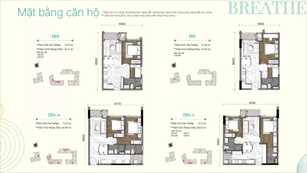 Mặt bằng chi tiết căn hộ Gladia Heights loại 1BS 51,23 m², 1BL 53,46 m², 2BS-a 71,35 m² và 2BS-c 71,55 m²