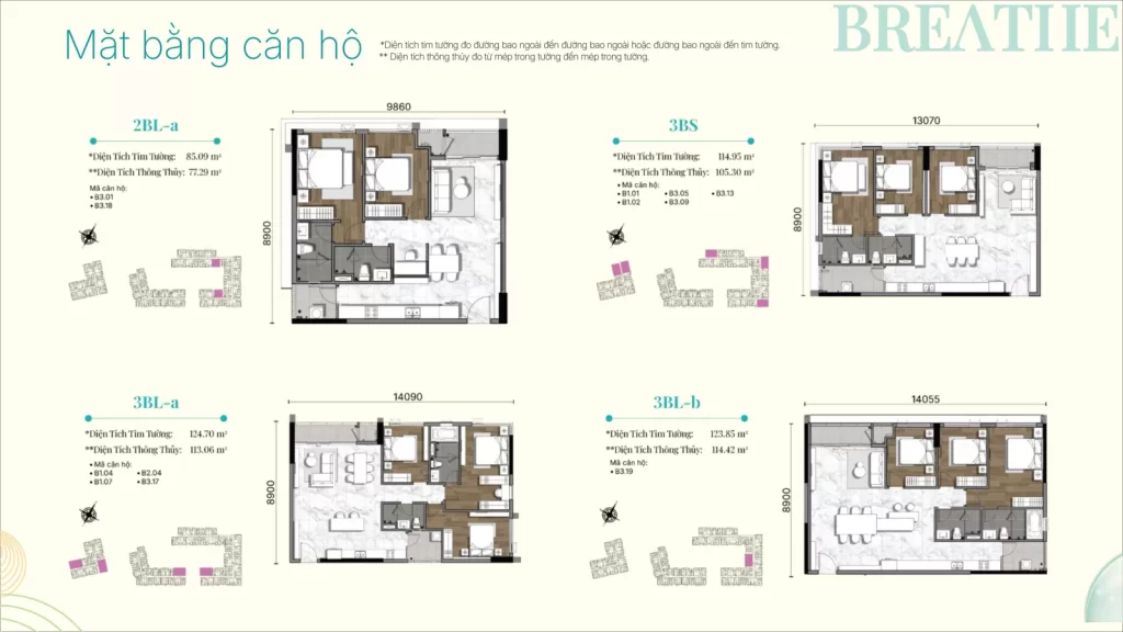 Mặt bằng chi tiết căn hộ Gladia Heights loại 2BL-a 85,09 m², 3BS 114,95 m², 3BL-a 124,70 m² và 3BL-b 123,85 m²