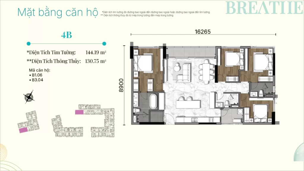 Mặt bằng căn hộ 4 phòng ngủ loại 4B diện tích tim tường 144,19 m² tại Gladia Heights