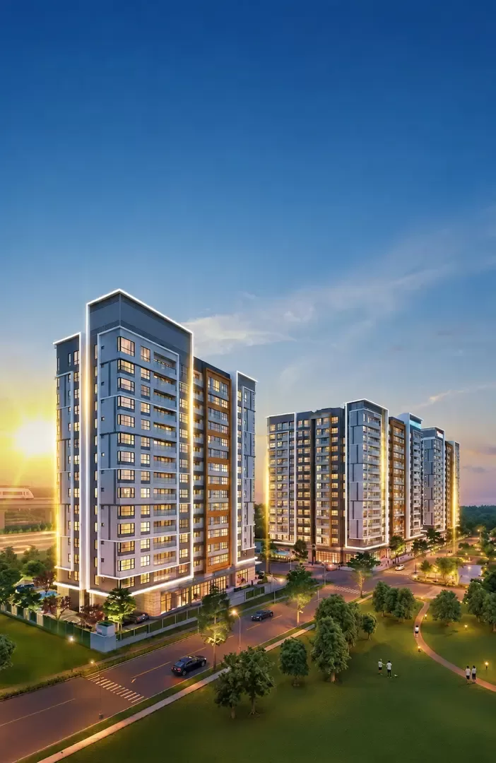 Mặt đứng ba tháp 15 tầng khi so sánh Gladia Heights với dự án cao tầng cùng khu