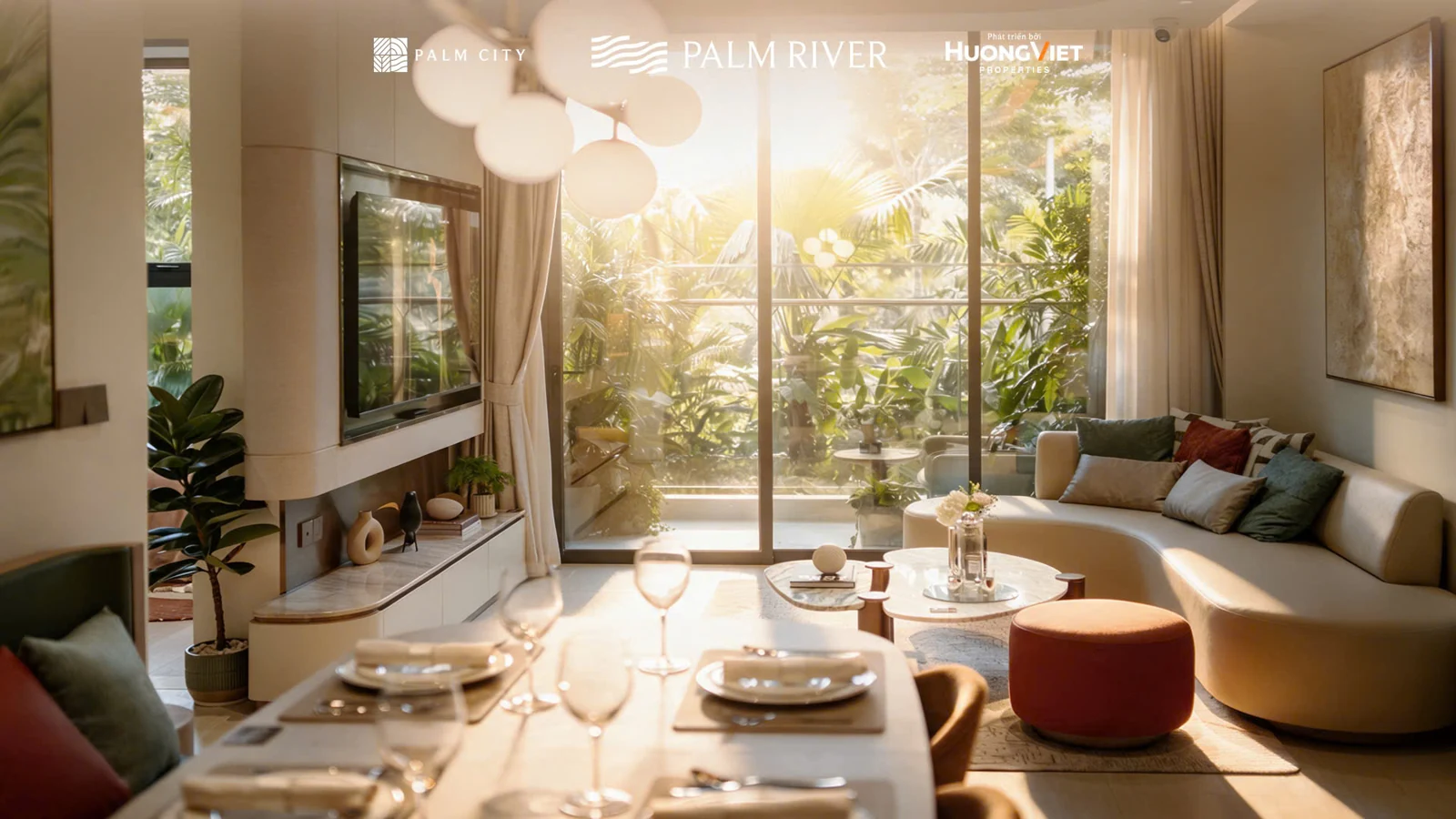 Căn mẫu 2PN góc 85 m² Palm River Phòng khách và bàn ăn căn mẫu 2PN góc 85 m² tham khảo cho giỏ hàng Palm River