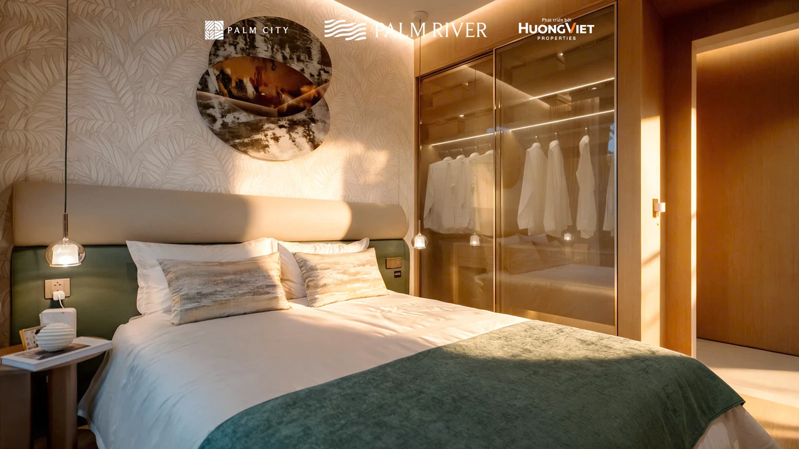 Phòng Master căn mẫu 3PN Luxury Palm River với khu thay đồ và phòng tắm