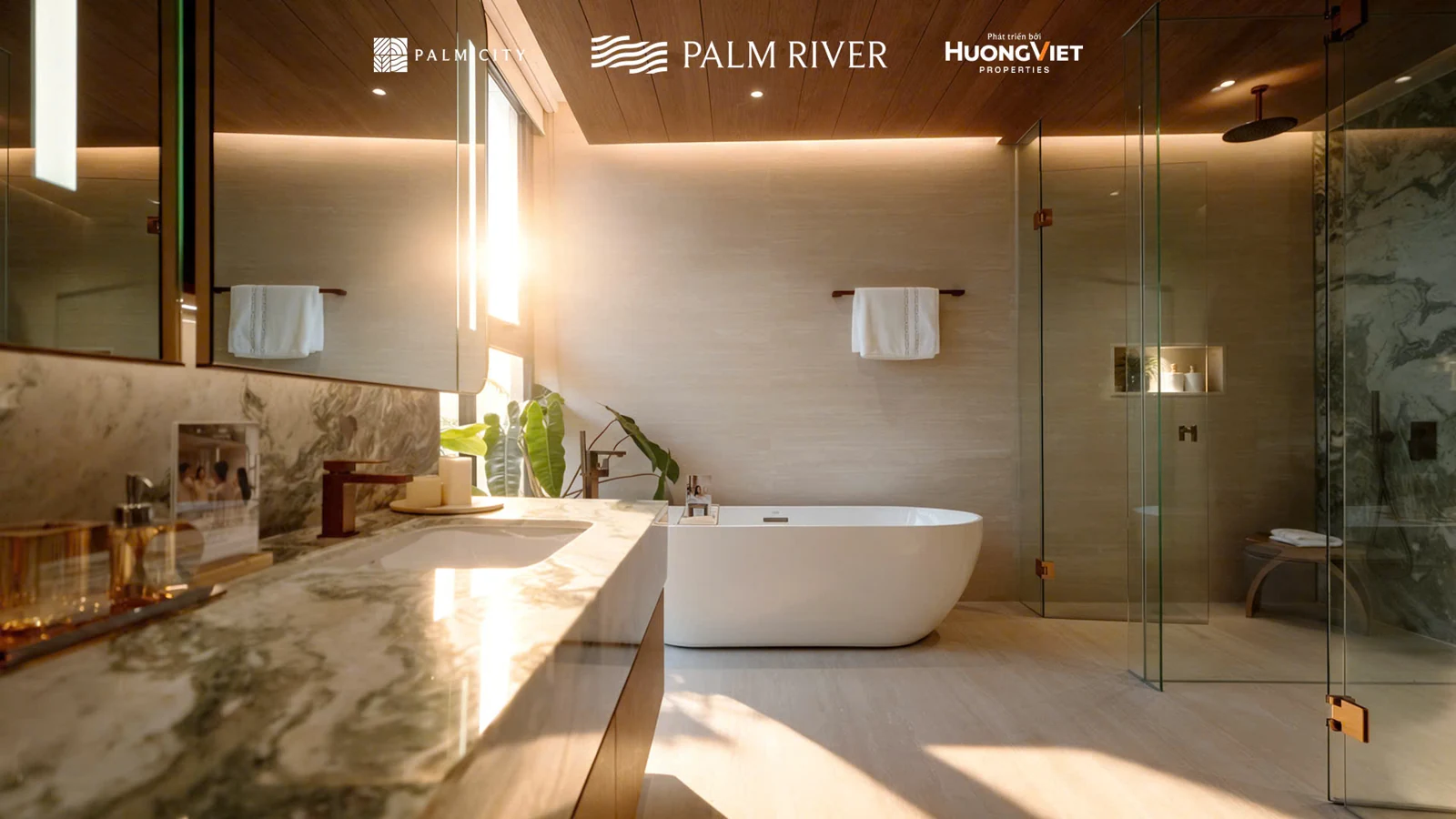 Nhà mẫu Palm River căn 3PN Luxury với bồn tắm và khu tắm vách kính