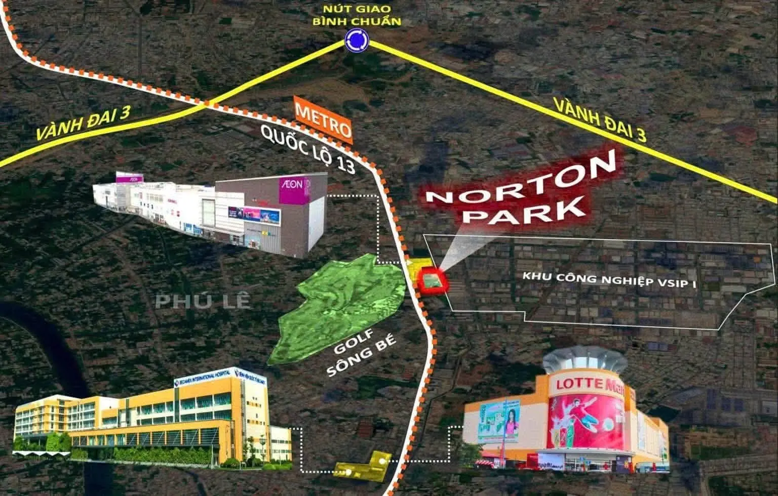 Sơ đồ vị trí dự án bên Quốc lộ 13, AEON Mall, sân golf Sông Bé và VSIP