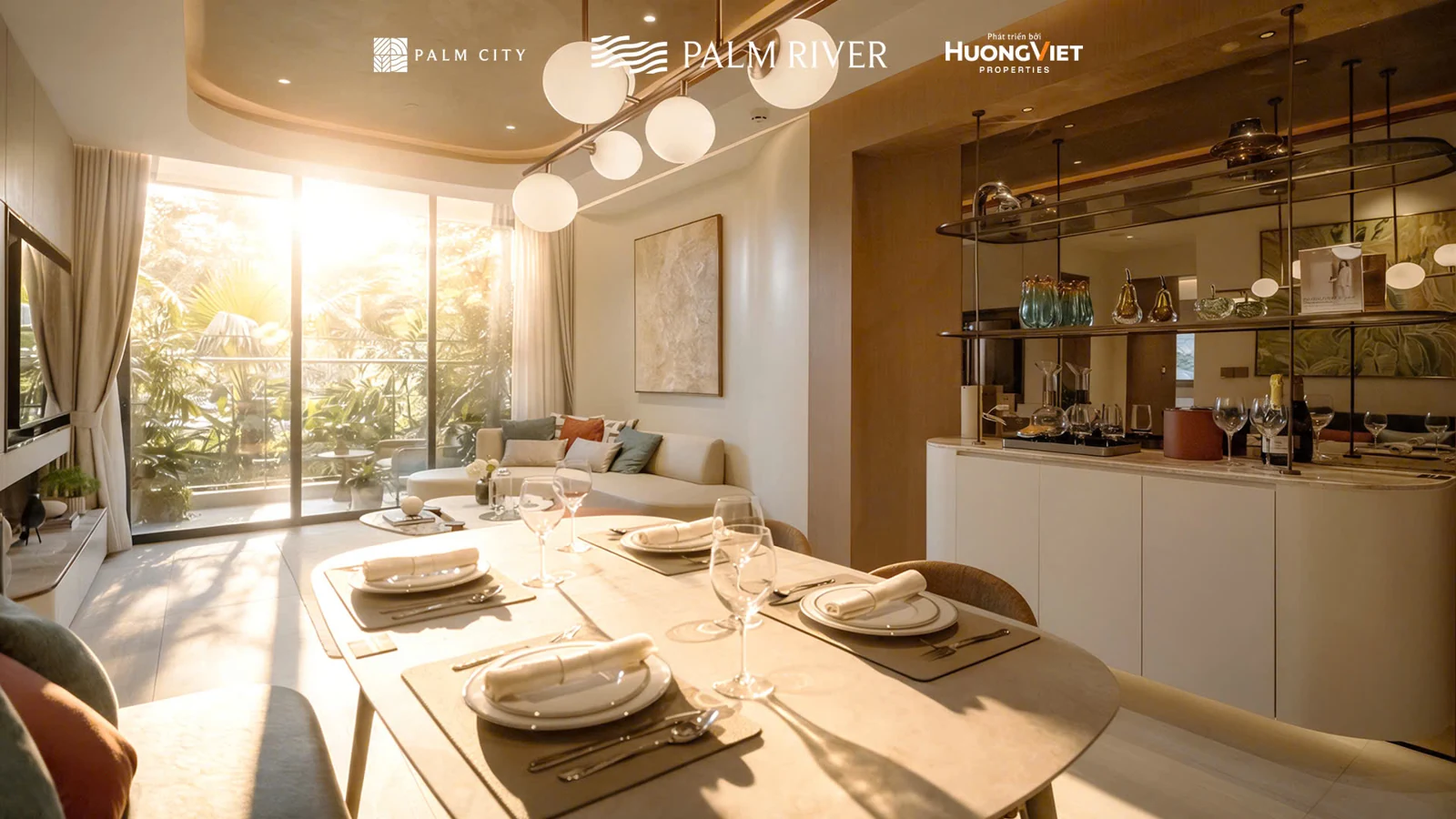 Nhà mẫu Palm River: bàn ăn căn mẫu 2PN nối khu tủ bếp và tủ trưng bày.