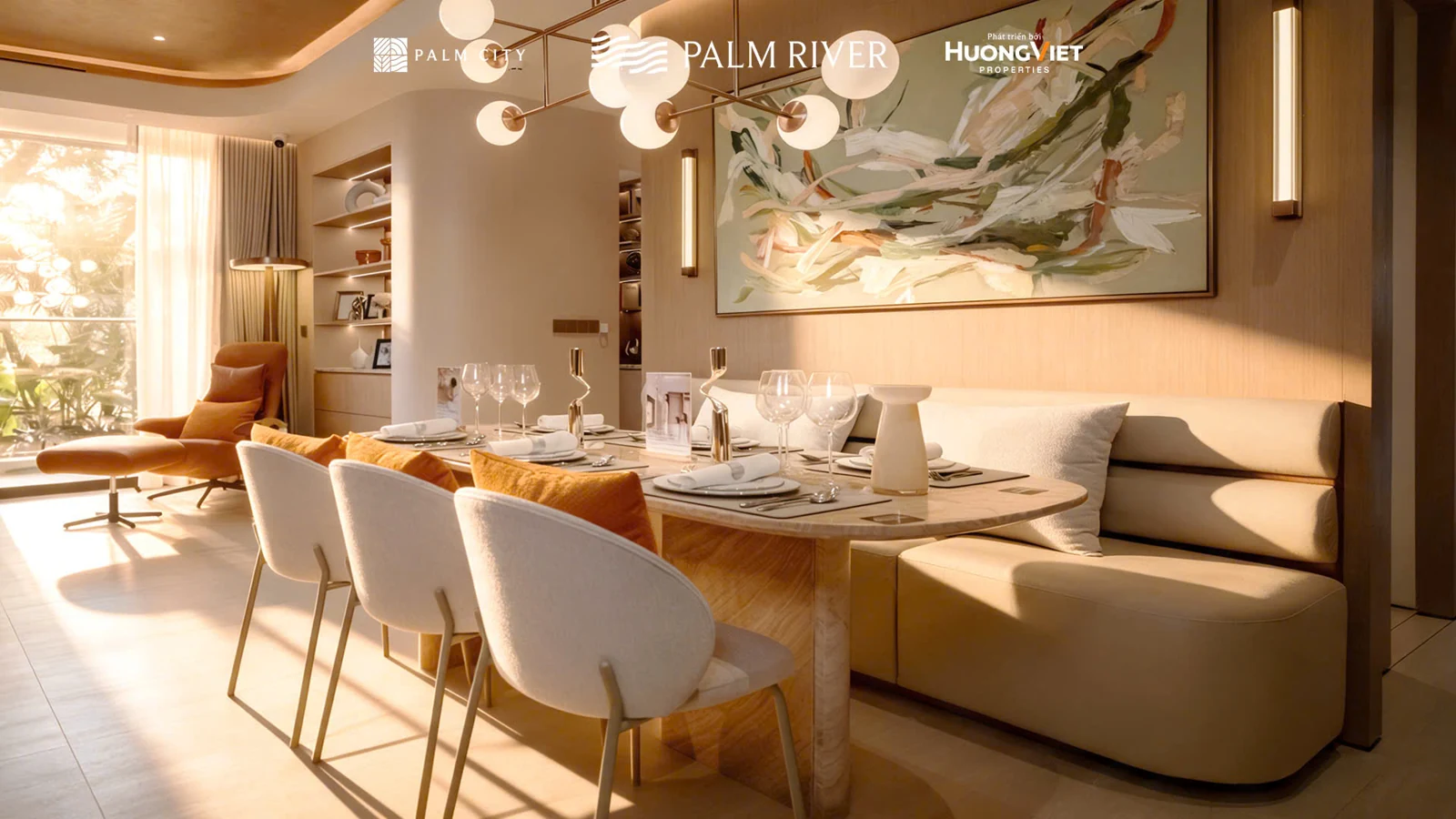 Nhà mẫu Palm River: bàn ăn nối phòng khách trong căn mẫu 3PN Luxury.