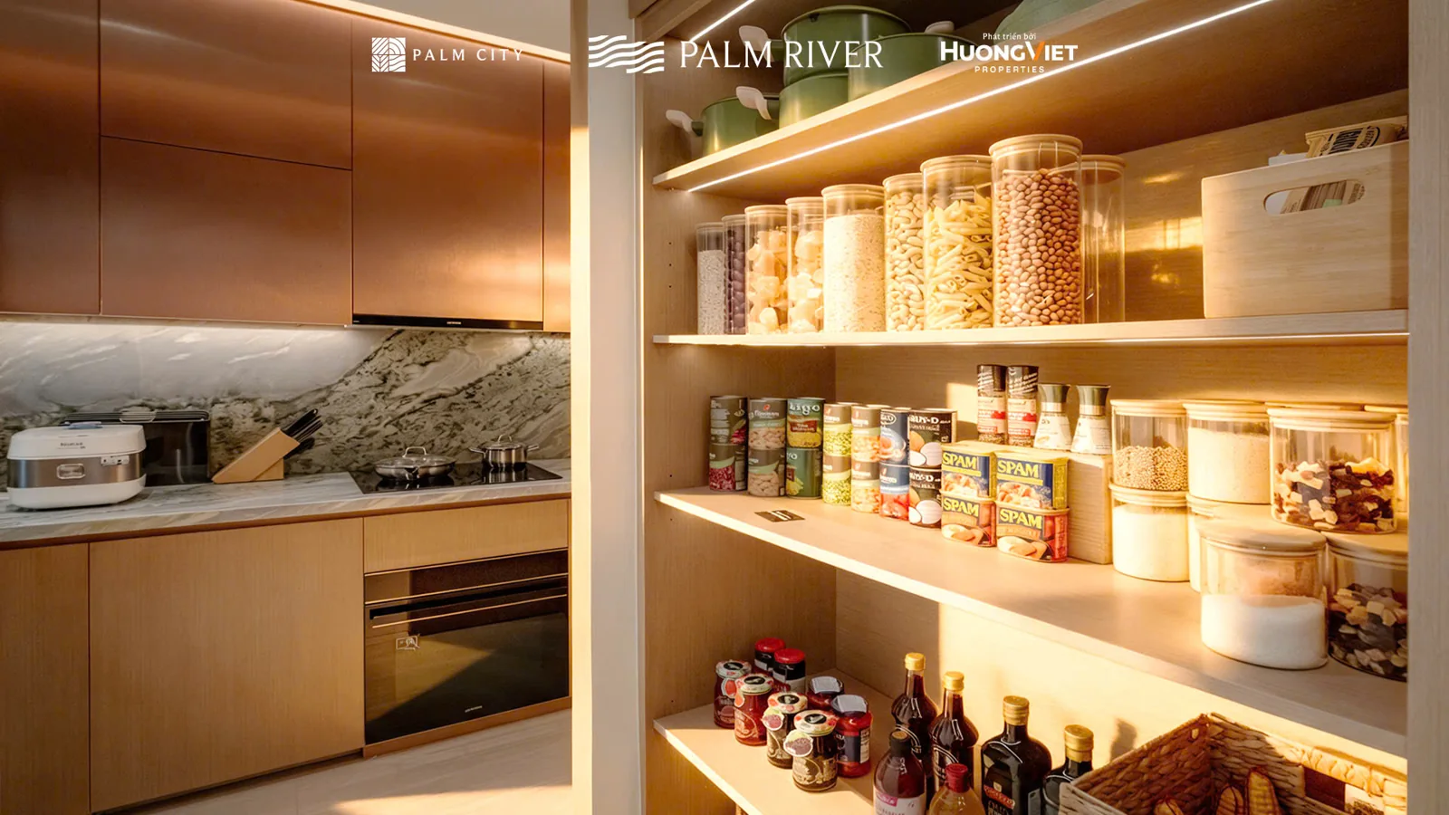 Nhà mẫu Palm River: khu bếp và hệ tủ lưu trữ trong căn mẫu 3PN Luxury.