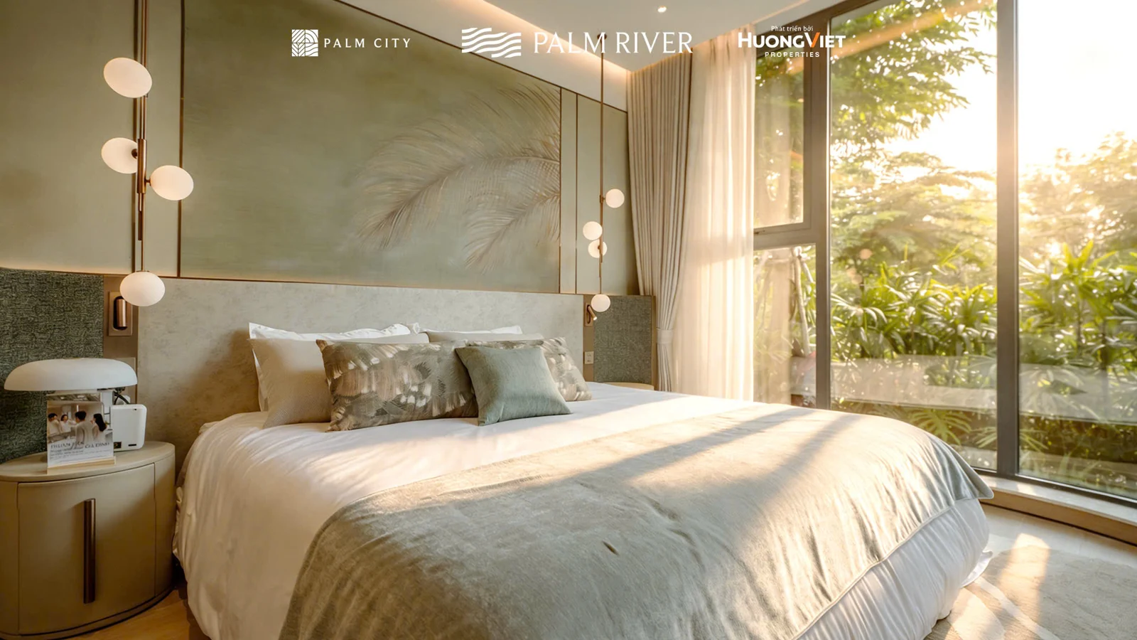 Giường ngủ và cửa sổ trong bộ ảnh căn mẫu 3PN Luxury.