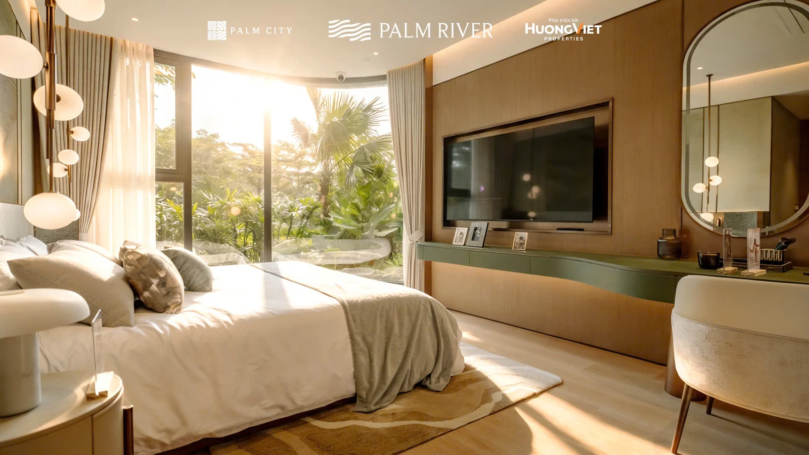 Góc nhìn phòng ngủ căn mẫu 3PN Luxury với kệ tivi đối diện giường.