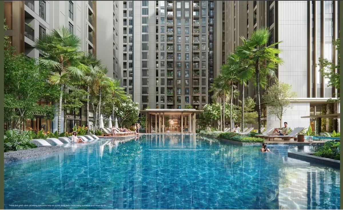 Phối cảnh hồ bơi nội khu Imperia Sensa Park giữa các khối căn hộ