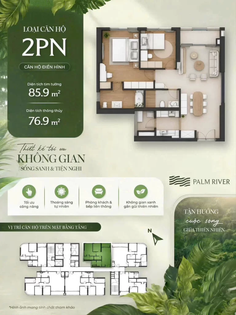 Mặt bằng căn hộ Palm River 2PN 85,9 m² tim tường và 76,9 m² thông thủy
