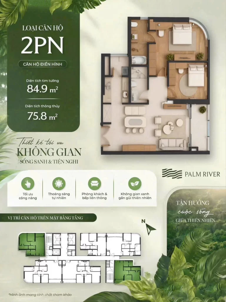 Mặt bằng căn hộ Palm River 2PN góc 84,9 m² tim tường và 75,8 m² thông thủy