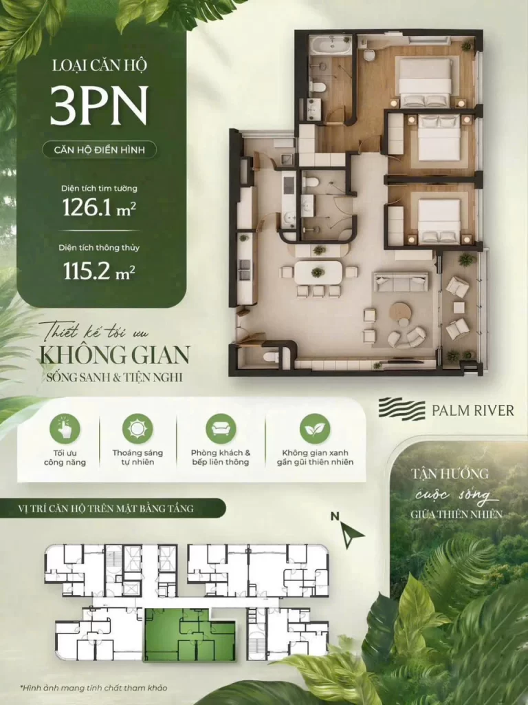 Mặt bằng căn hộ Palm River 3PN 126,1 m² tim tường và 115,2 m² thông thủy