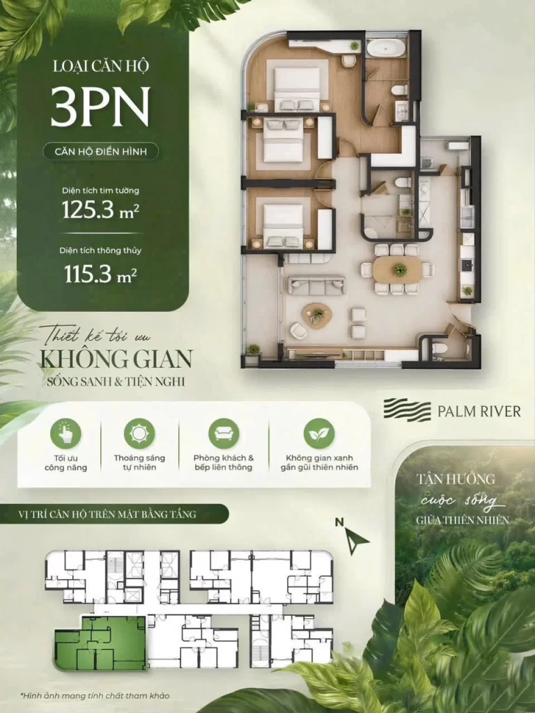 Mặt bằng căn hộ 3 phòng ngủ góc dự án Palm River, 125,3 m² tim tường và 115,3 m² thông thủy