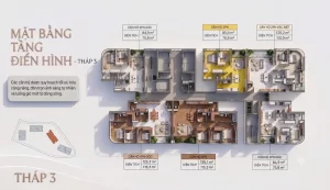 Mặt bằng tầng điển hình tháp 3 Palm River với vị trí ba mã căn hộ hai phòng ngủ