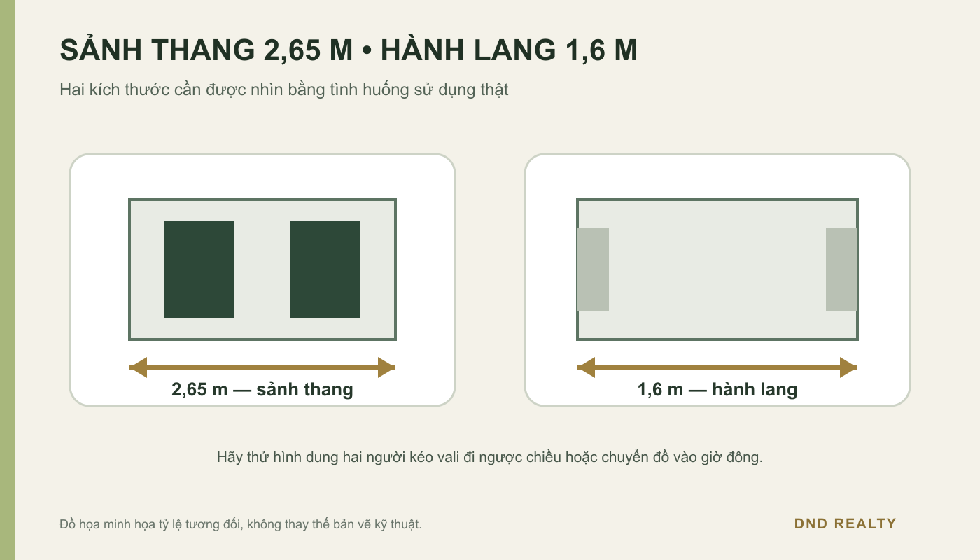 Minh họa sảnh thang rộng 2,65 m và hành lang căn hộ rộng 1,6 m