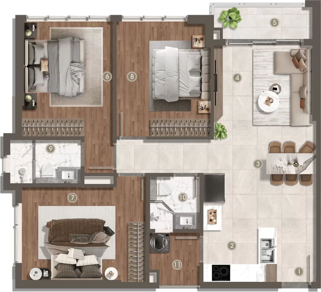 Mặt bằng căn hộ A1 ba phòng ngủ, 89,7 m² thông thủy và 98,5 m² tim tường
