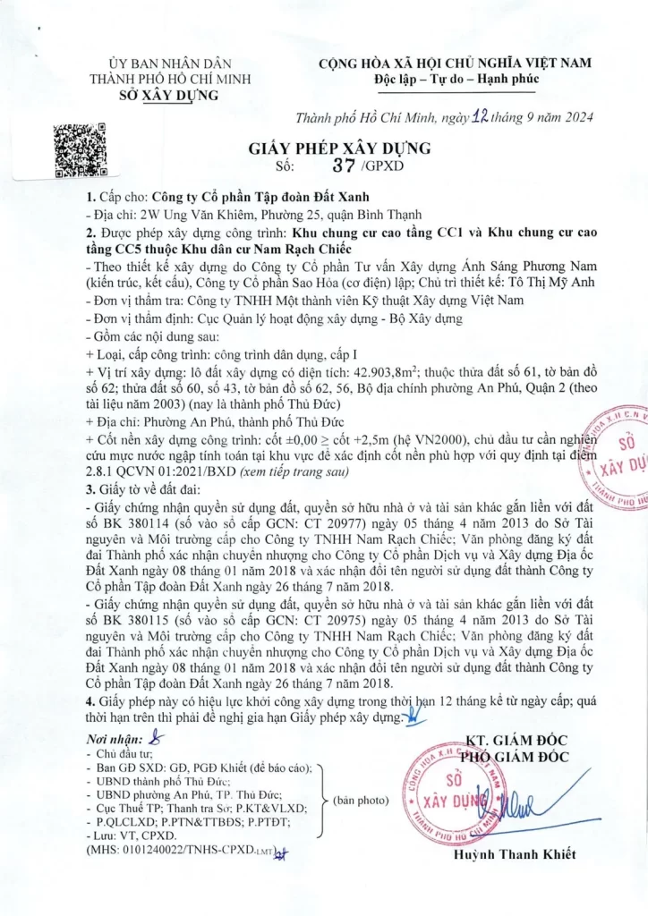 Giấy phép xây dựng số 37/GPXD ngày 12/9/2024 thuộc hồ sơ pháp lý The Privé