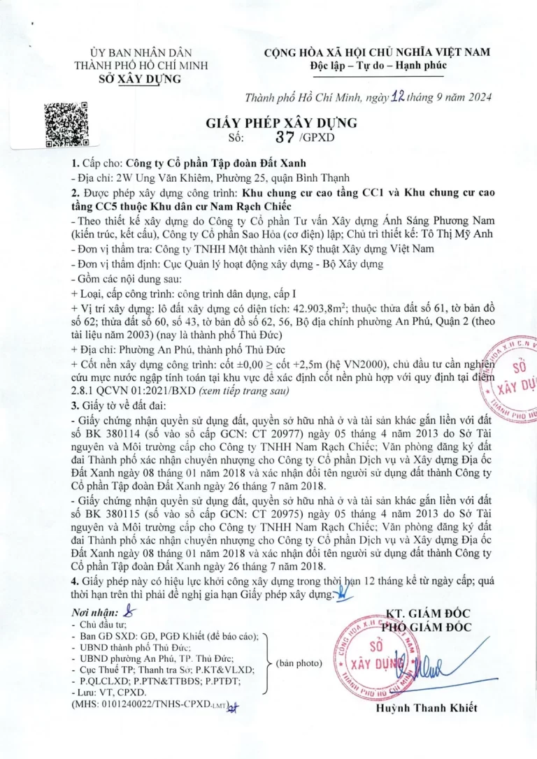 Giấy phép xây dựng số 37/GPXD ngày 12/9/2024 thuộc hồ sơ pháp lý The Privé