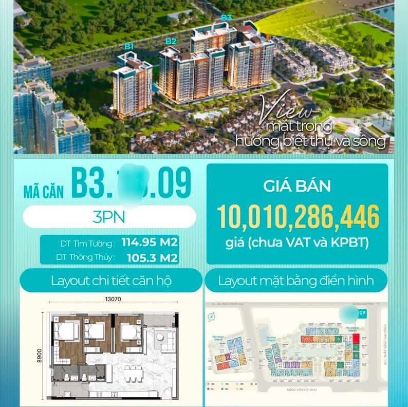 Layout căn hộ 3PN mã B3.xx.09 tháp B3 Gladia Heights diện tích 105m2 thông thủy view sông
