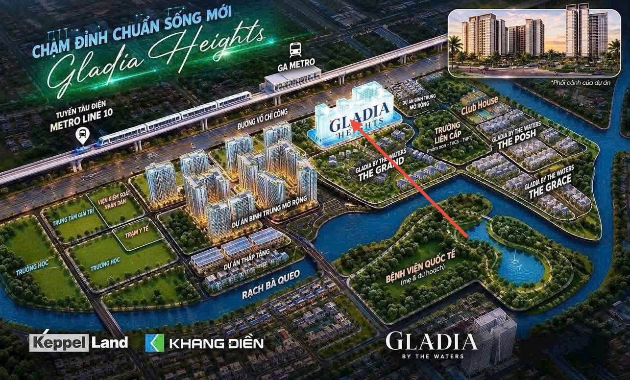 Phối cảnh tổng thể vị trí nhà mẫu Gladia Heights ven sông