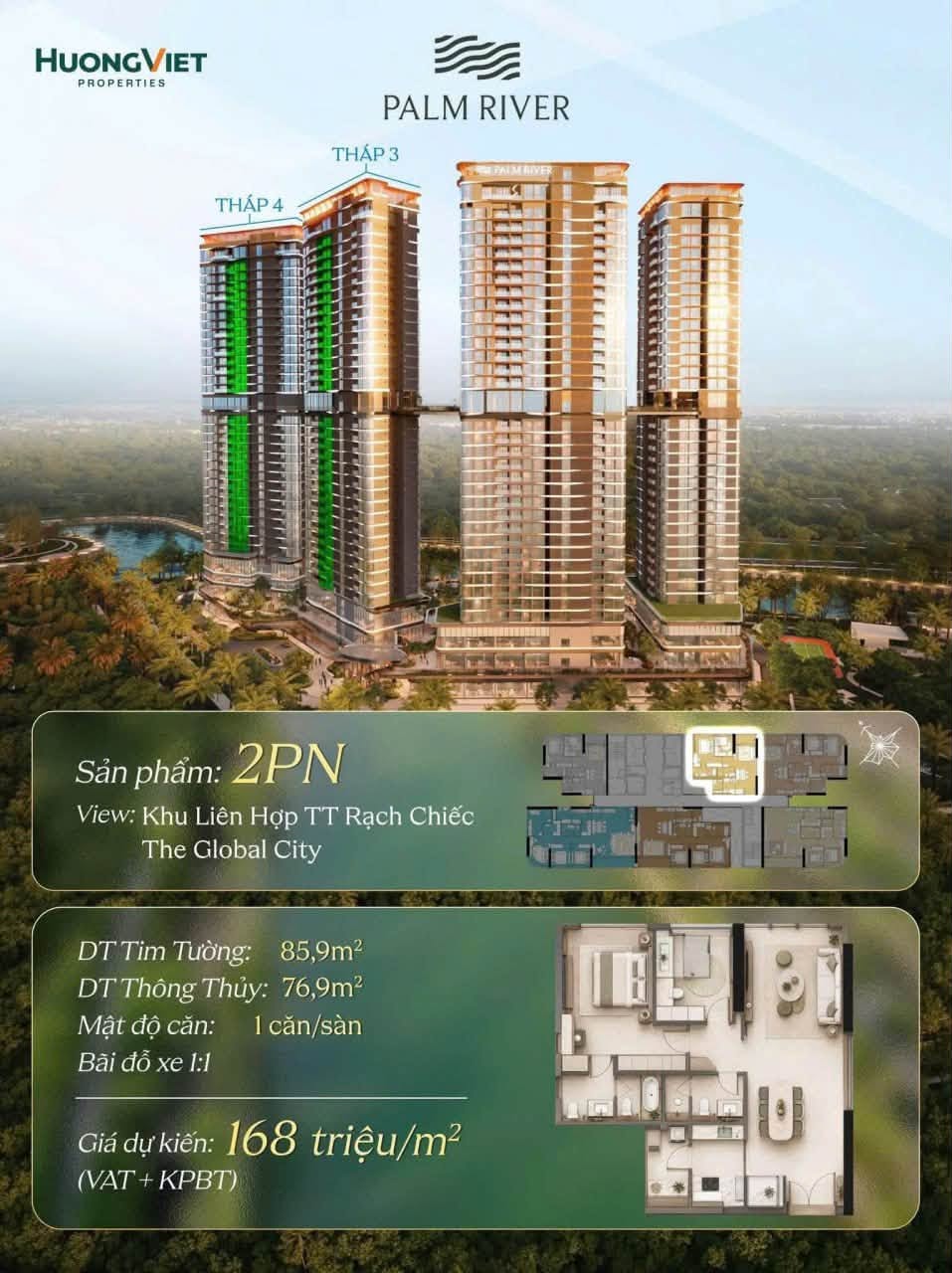 Mặt bằng căn hộ Palm River 2PN Tháp 3 view The Global City