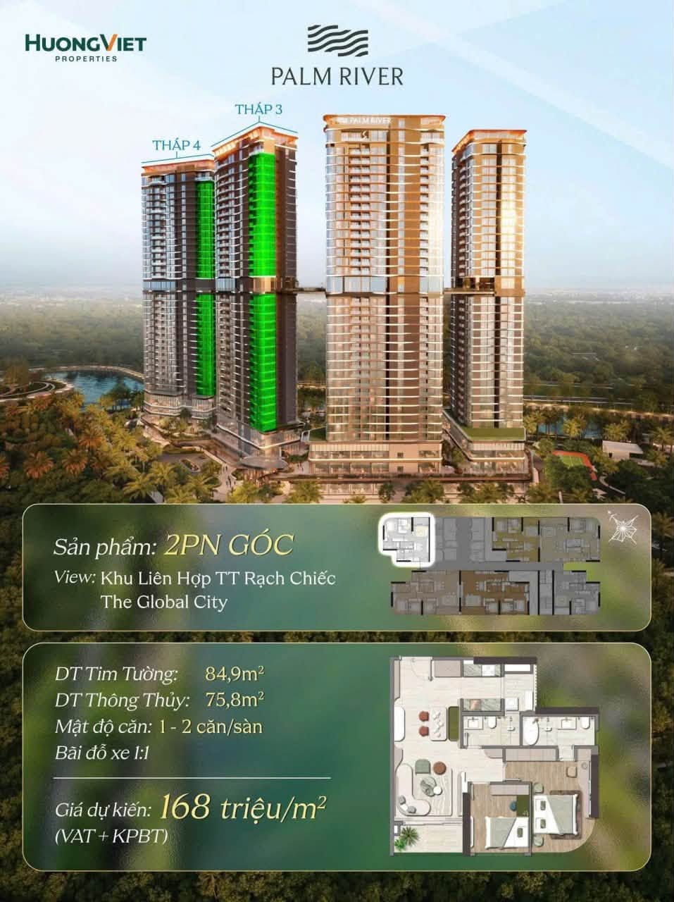 Mặt bằng căn 2PN góc Tháp 3 Palm River hai mặt thoáng