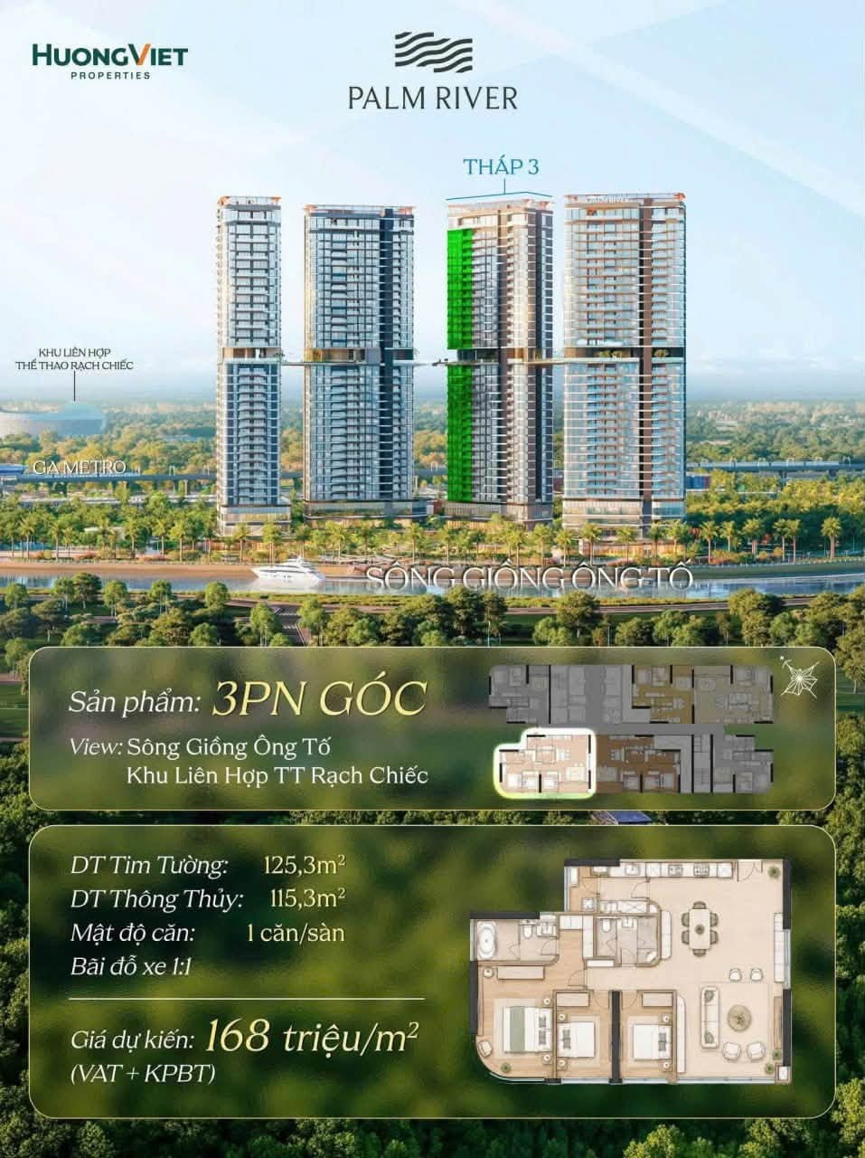 Mặt bằng căn 3PN góc Tháp 3 Palm River hai mặt thoáng