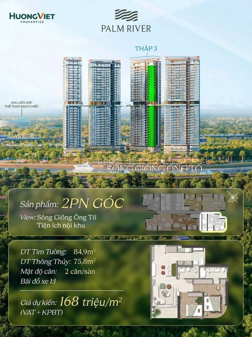 Mặt bằng căn hộ Palm River 2PN góc Tháp 3 hướng sông Giồng Ông Tố