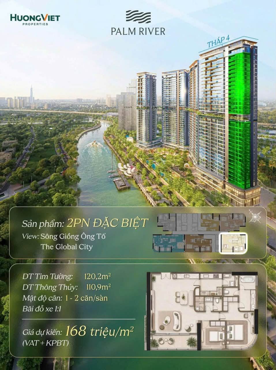 Mặt bằng căn hộ Palm River 2PN đặc biệt Tháp 4 hướng trực diện sông