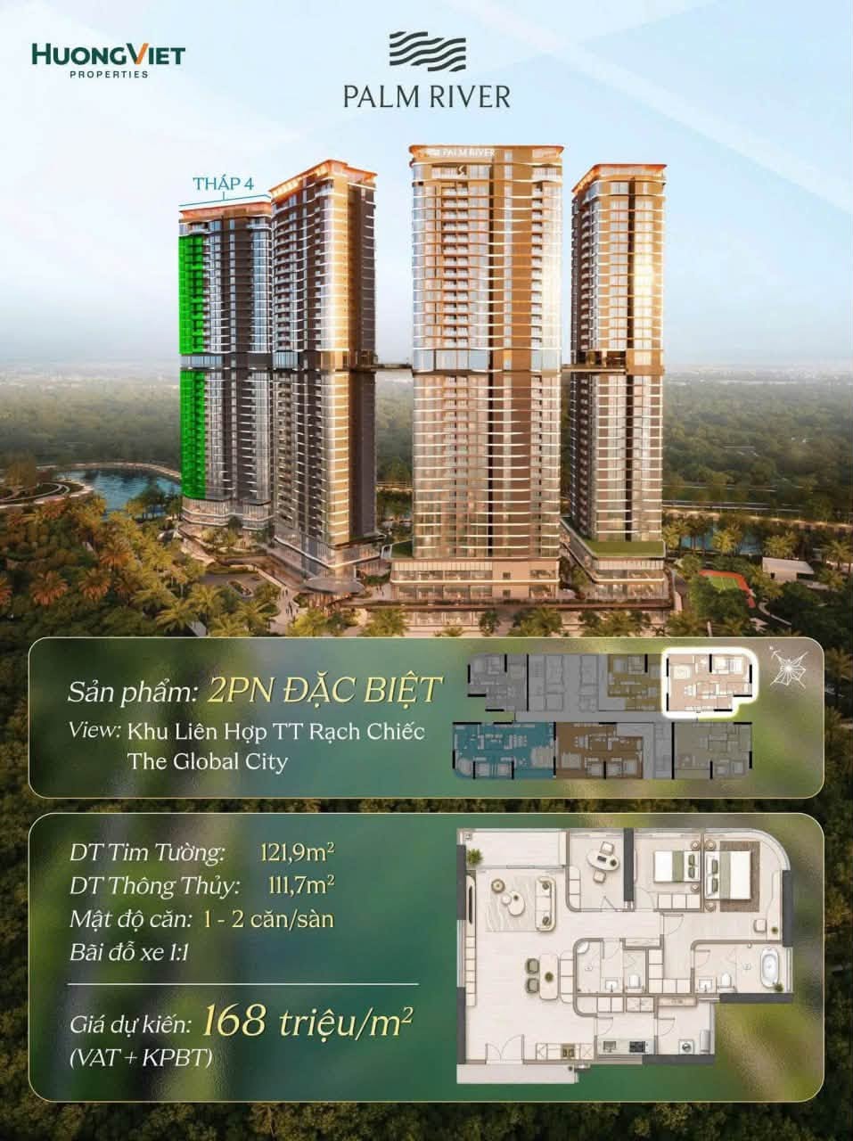 Mặt bằng căn 2PN đặc biệt Tháp 4 Palm River
