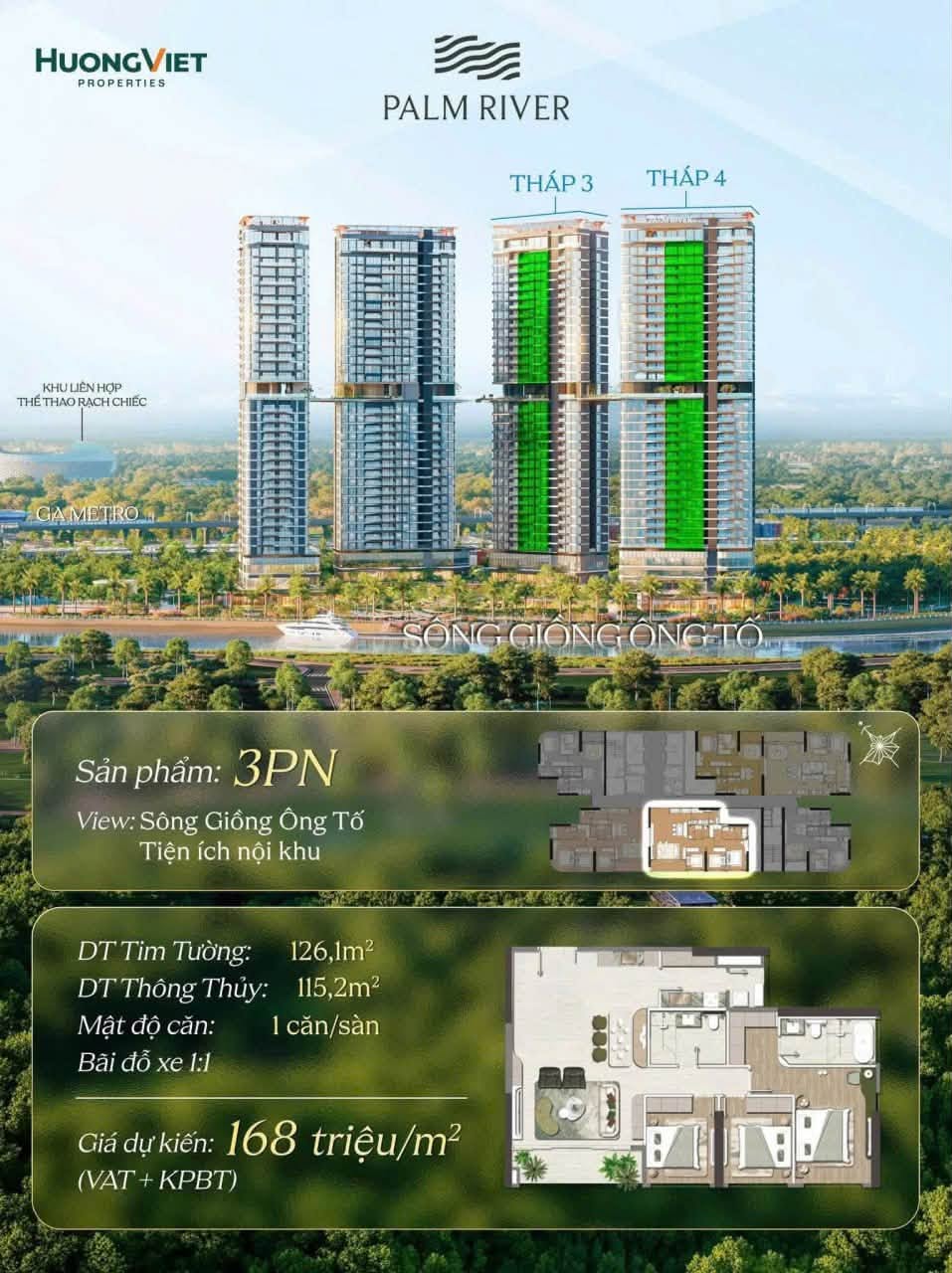 Mặt bằng thiết kế căn 3PN Palm River Tháp 3 và Tháp 4