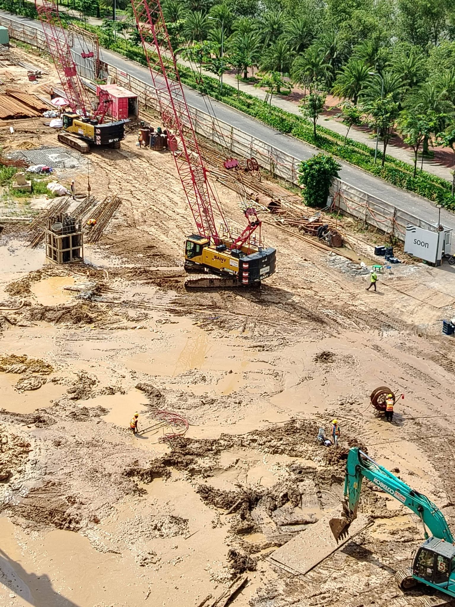 Cẩu bánh xích hạ lồng thép cọc móng ghi nhận từ tiến độ Palm River