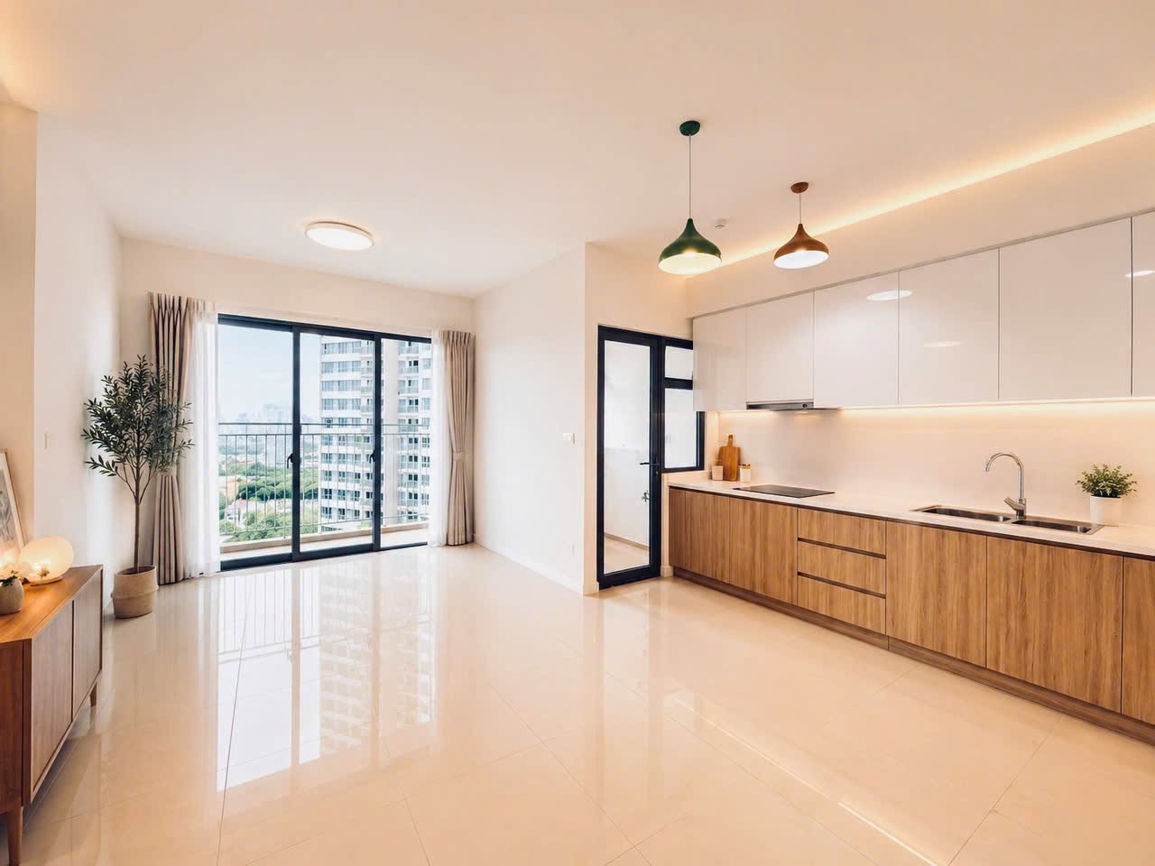 Khu bếp hiện đại trang bị tủ bếp và bếp từ căn hộ Palm Heights