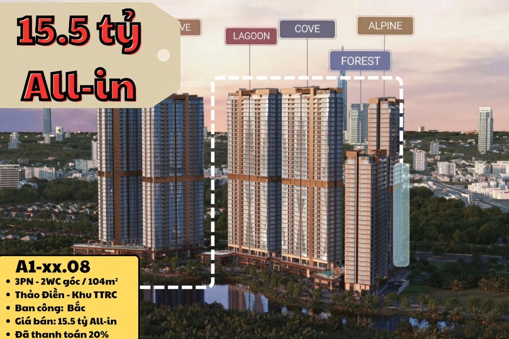 Vị trí căn 3PN góc tháp A1 Alpine Eaton Park mã A1-xx.08 diện tích 104m2 giá 15,5 tỷ all-in