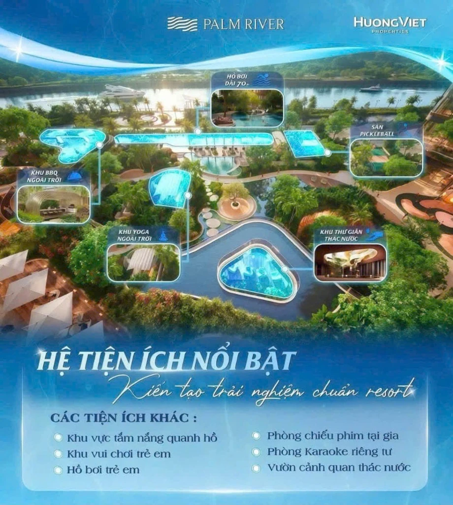 Hồ bơi resort dài 70m và sân thể thao Pickleball dự án căn hộ Palm River