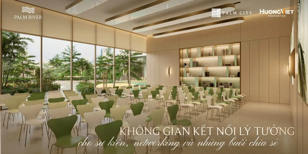 Không gian kết nối sự kiện và networking tại sảnh Palm River Không gian kết nối sự kiện view sân vườn xanh tại tiện ích Palm River