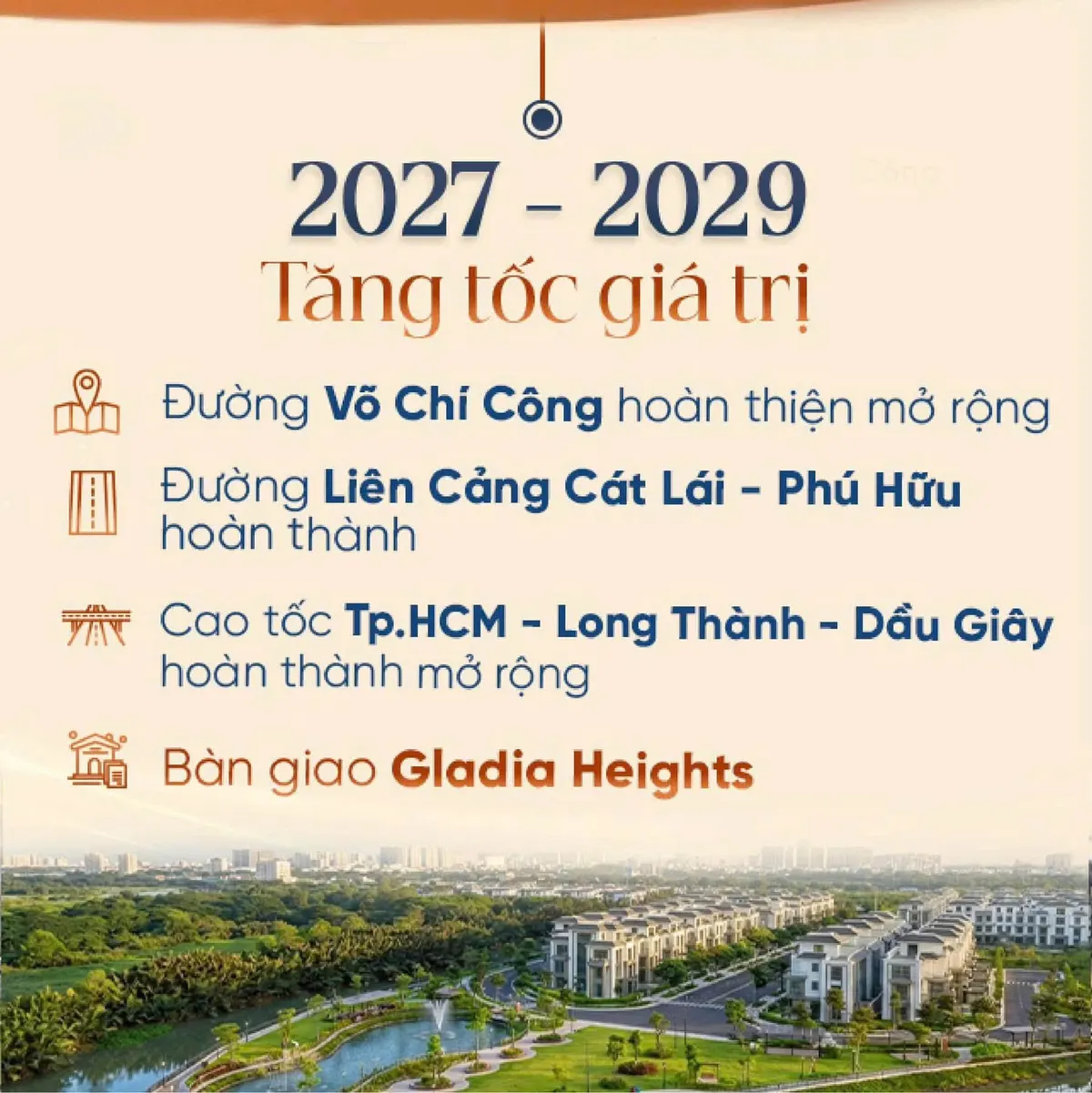 Lộ trình tăng tốc giá trị hạ tầng kết nối Gladia Heights giai đoạn 2027–2029