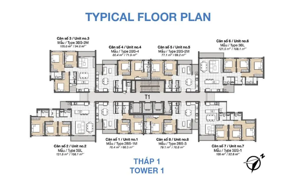 Mặt bằng tầng điển hình Tháp T1 căn hộ Palm Heights