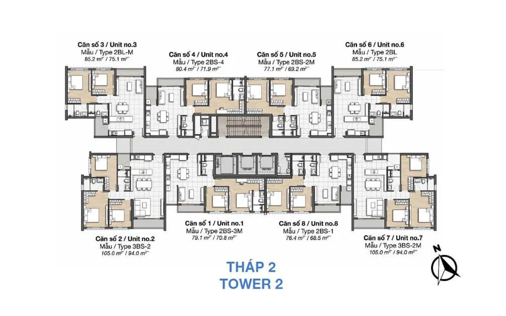 Mặt bằng tầng điển hình Tháp T2 căn hộ Palm Heights