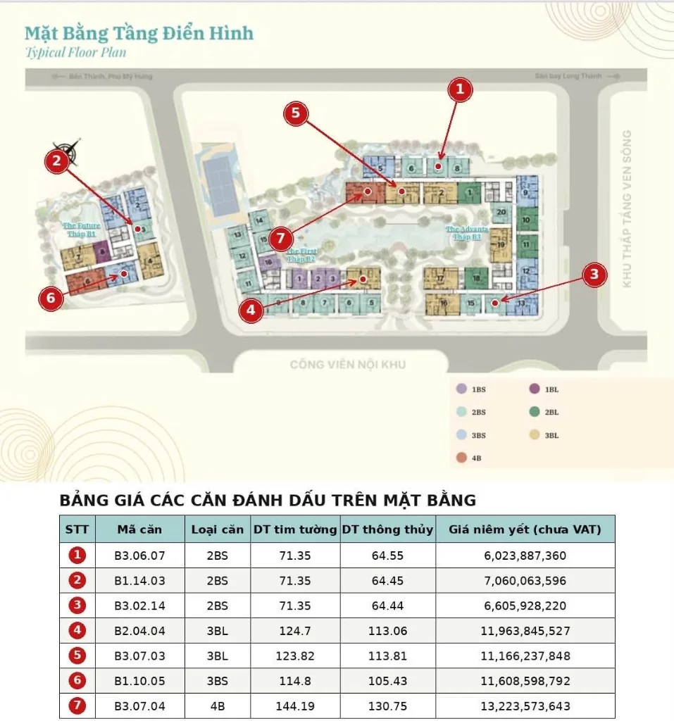 Mặt bằng tầng điển hình và bảng giá niêm yết 7 căn hộ chính sách bán hàng Gladia Heights