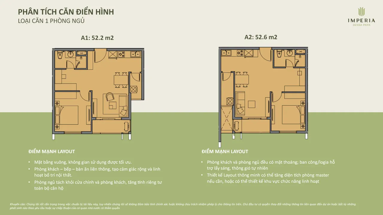 Nhà mẫu Imperia Sensa Park layout căn 1 phòng ngủ A1 và A2